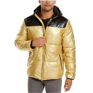 Alfani Mens Colorblock Hooded Puffer Coat Gold XL
